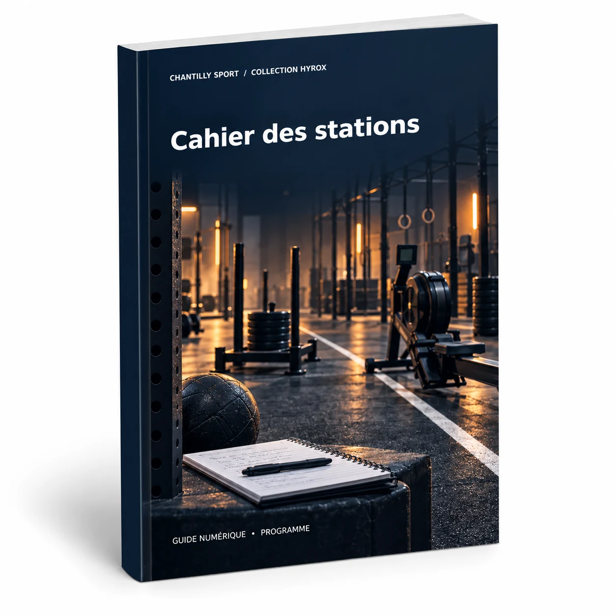 Maquette en volume de l’e-book Cahier des stations Hyrox : technique et simulations