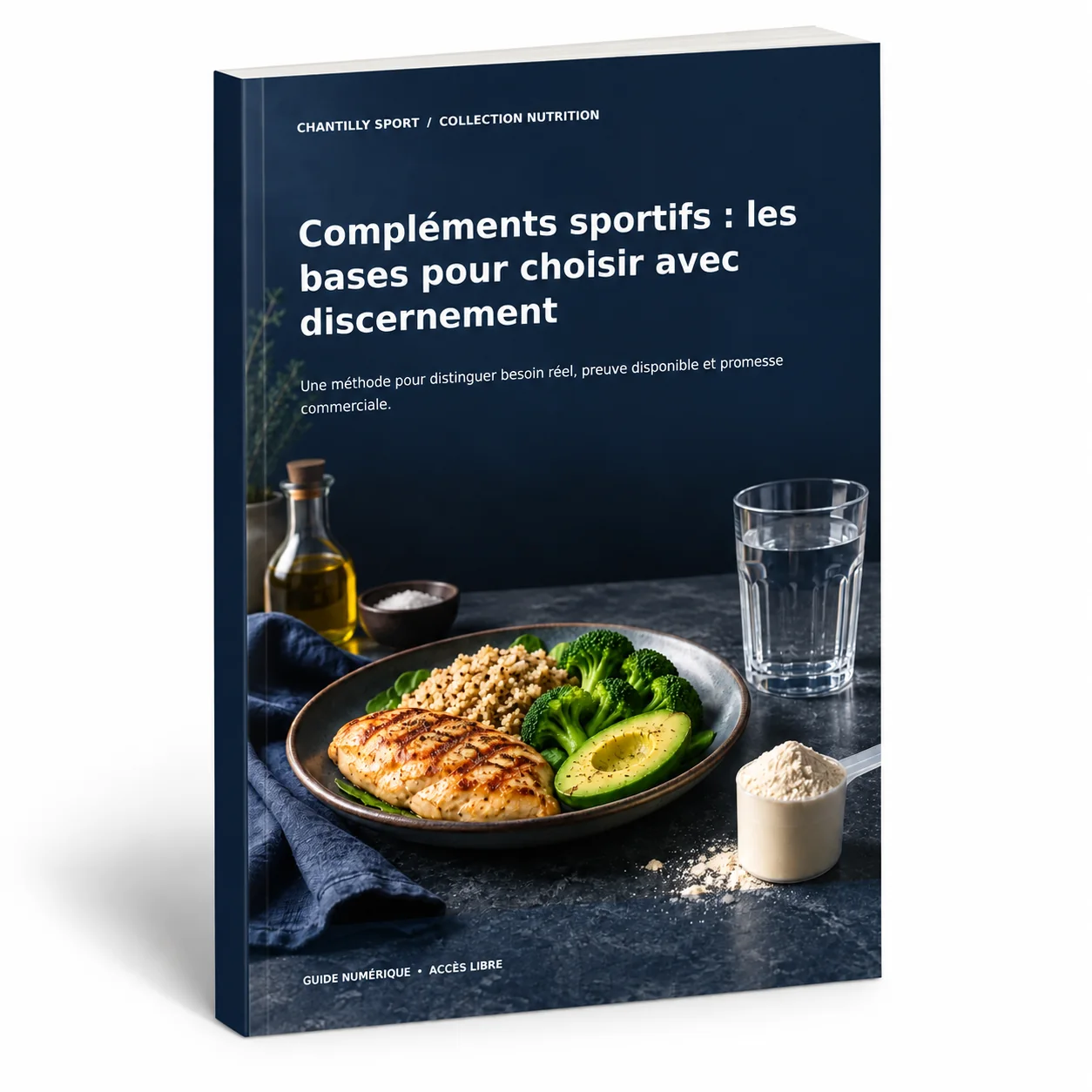 Maquette en volume de l’e-book Compléments sportifs : les bases pour choisir avec discernement
