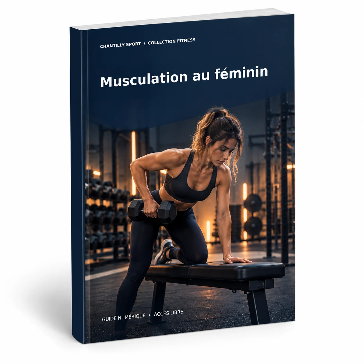 Maquette en volume de l’e-book Musculation au féminin : bâtir une pratique durable